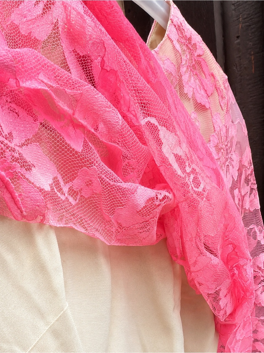 Vintage 60s Hot Pink Floral Lace Shift Mini Dress Sheer Bell Sleeve Slip XS / S - Picture 9 of 17